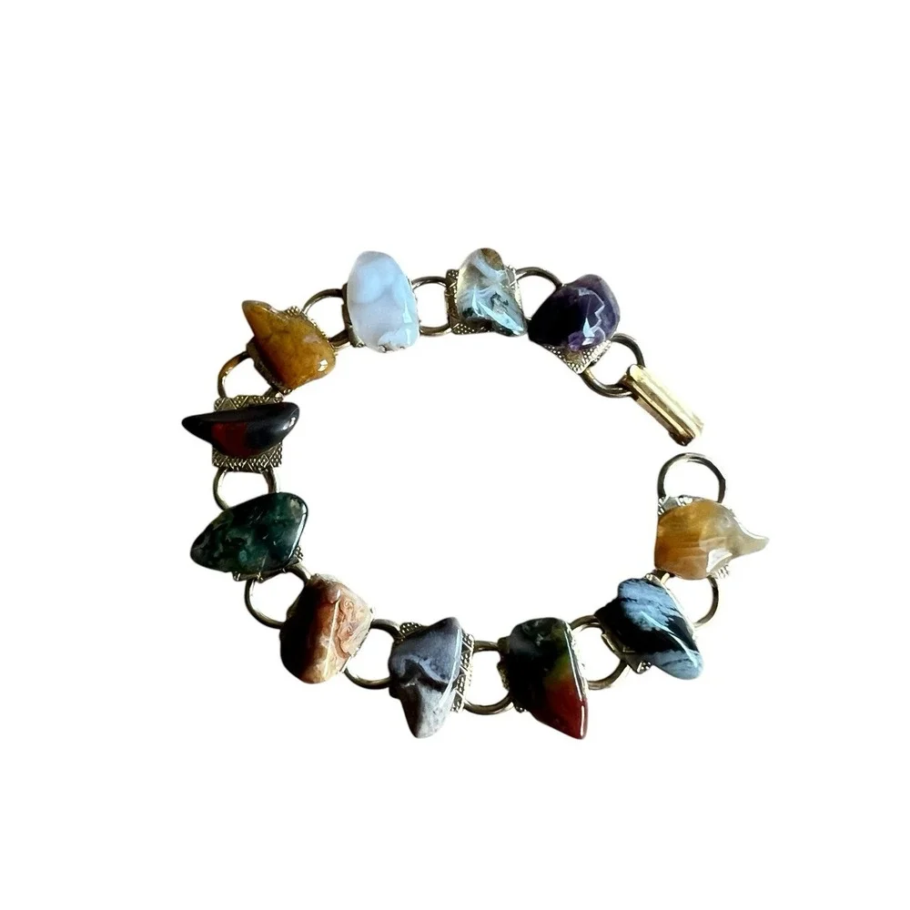 Vintage Semi Precious Natural Polished Tumbled Stones Link Bracelet
